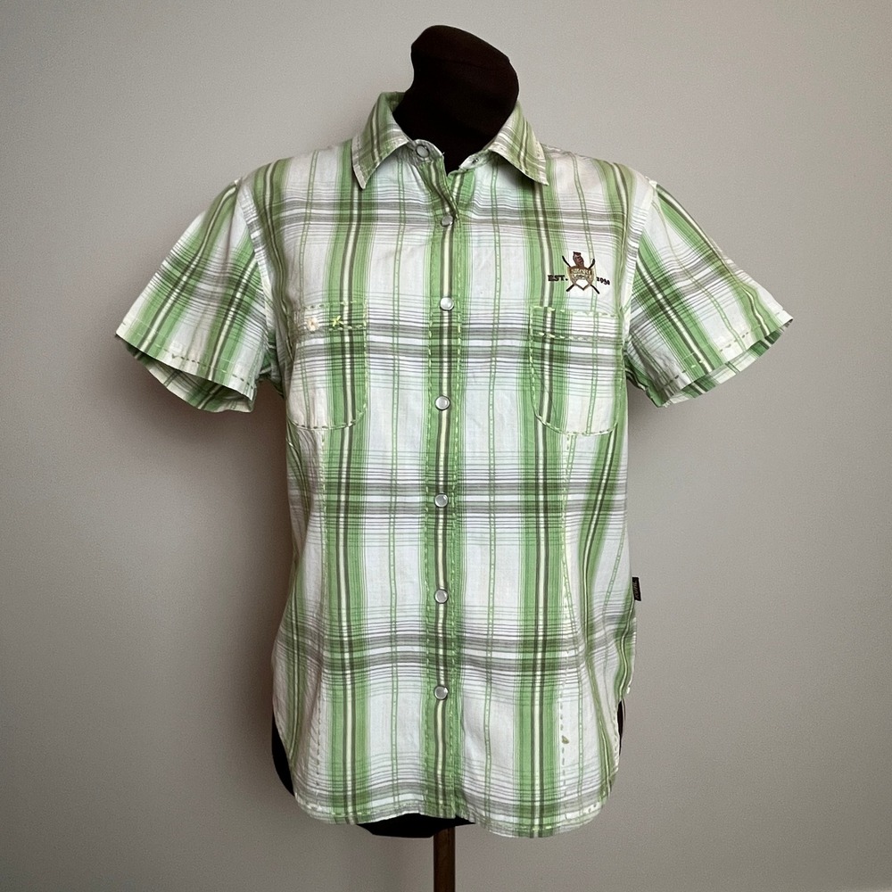 Kuhl Womens Green Plaid Short Sleeve Button Down Shirt Skoki Lodge Cotton L